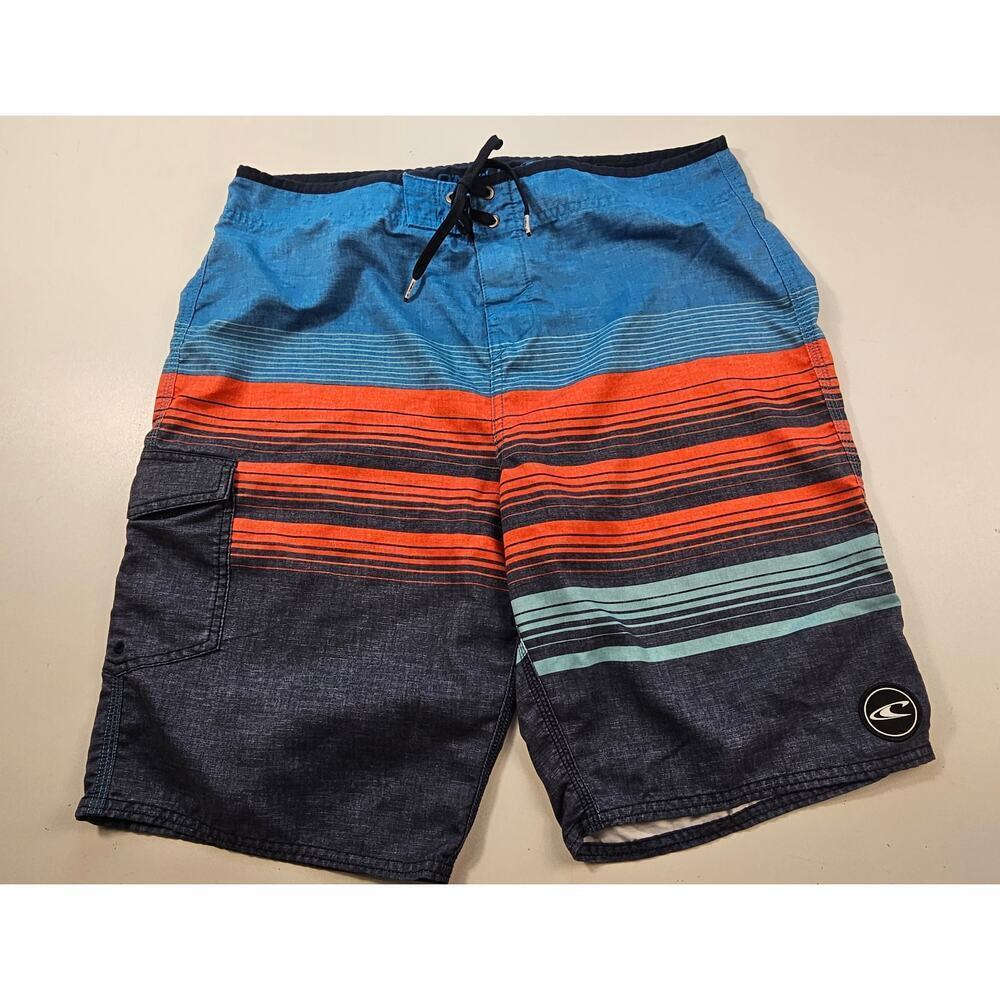 O'Neill 34 hybrid board shorts swim trunks striped surf beach EUC blue orange